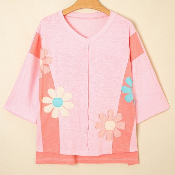 B295 Pink Flower Patched Exposed Seam 3/4 Sleeve Top - Picture 4 of 9